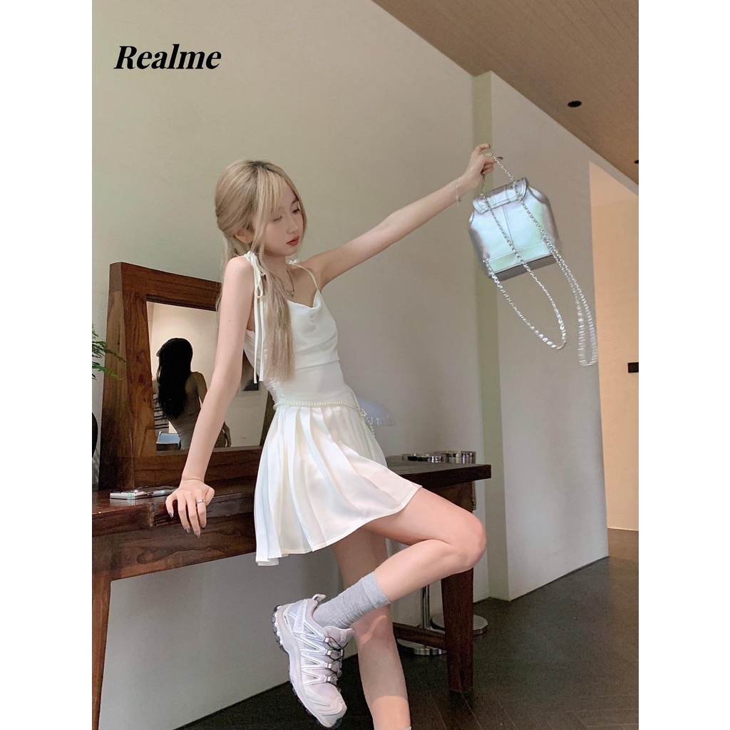 Đầm Ngắn Xếp Ly Hai Dây Màu Trắng Phong Cách Mới Mùa Hè 2023 Dành Cho Bạn Nữ