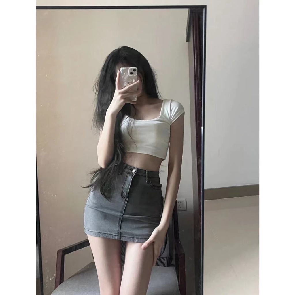Jiashucheng Chân Váy Denim Ngắn Lưng Cao Dáng Ôm Co Giãn Gợi Cảm Dễ Phối Đồ Mùa Hè Phong Cách Mới Cho Nữ