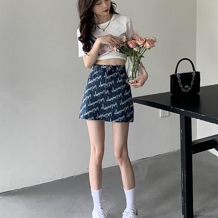 Jiashucheng Quần Short Denim Lưng Cao Ôm Dáng In Chữ Phong Cách Hong Kong Thời Trang Mùa Hè Quyến Rũ Cho Nữ