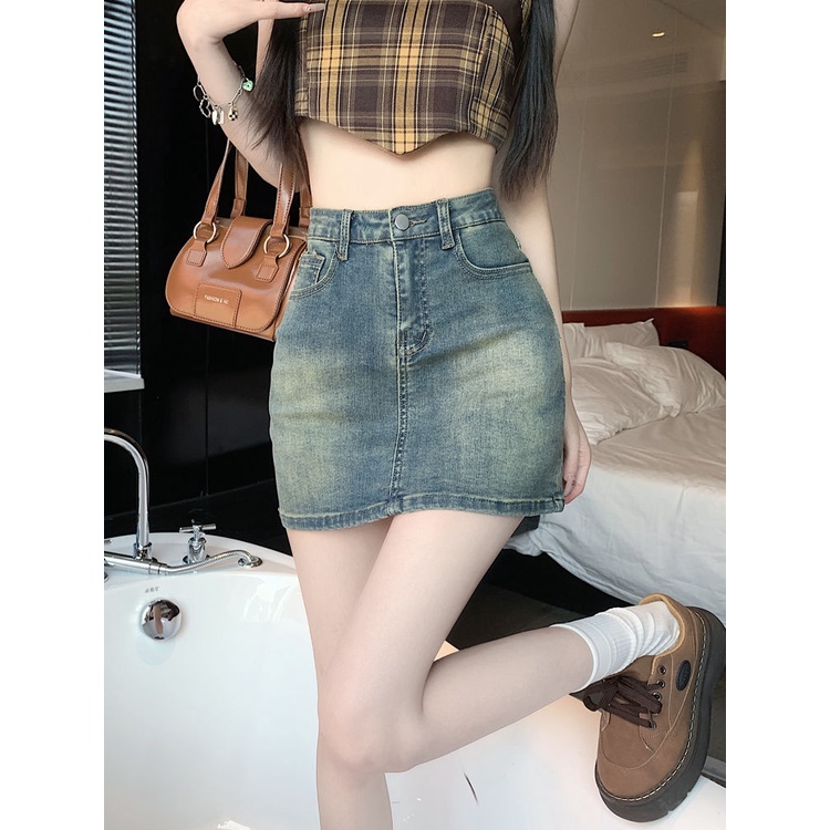 Chân Váy Denim Ngắn Chữ a Lưng Cao Ôm Dáng Chống Chói Phong Cách Retro Thời Trang Mùa Hè Cho Nữ