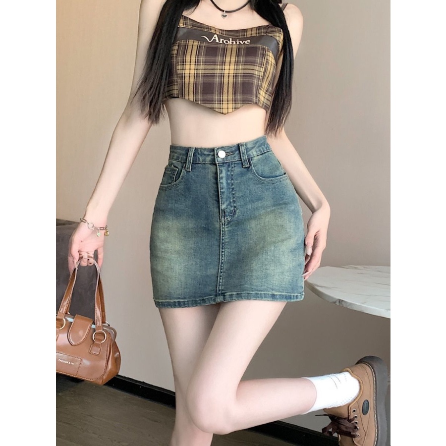 Chân Váy Denim Ngắn Chữ a Lưng Cao Ôm Dáng Chống Chói Phong Cách Retro Thời Trang Mùa Hè Cho Nữ