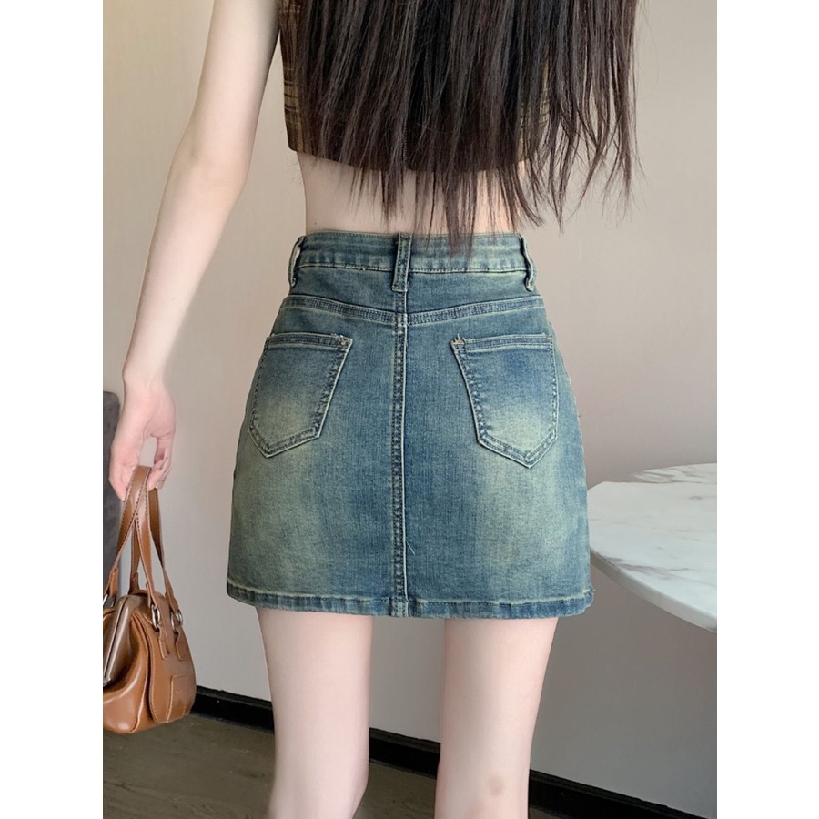 Chân Váy Denim Ngắn Chữ a Lưng Cao Ôm Dáng Chống Chói Phong Cách Retro Thời Trang Mùa Hè Cho Nữ