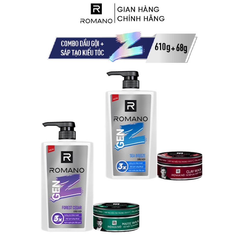 Combo Dầu gội Romano Gen Z Hương Sea Breeze/ Forest Cedar 610g/ chai  + Sáp tạo kiểu giữ nếp tóc 68g/hộp