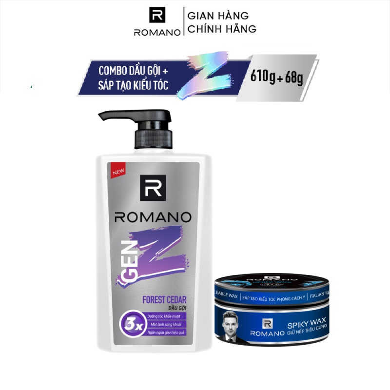 Combo Dầu gội Romano Gen Z Hương Sea Breeze/ Forest Cedar 610g/ chai  + Sáp tạo kiểu giữ nếp tóc 68g/hộp