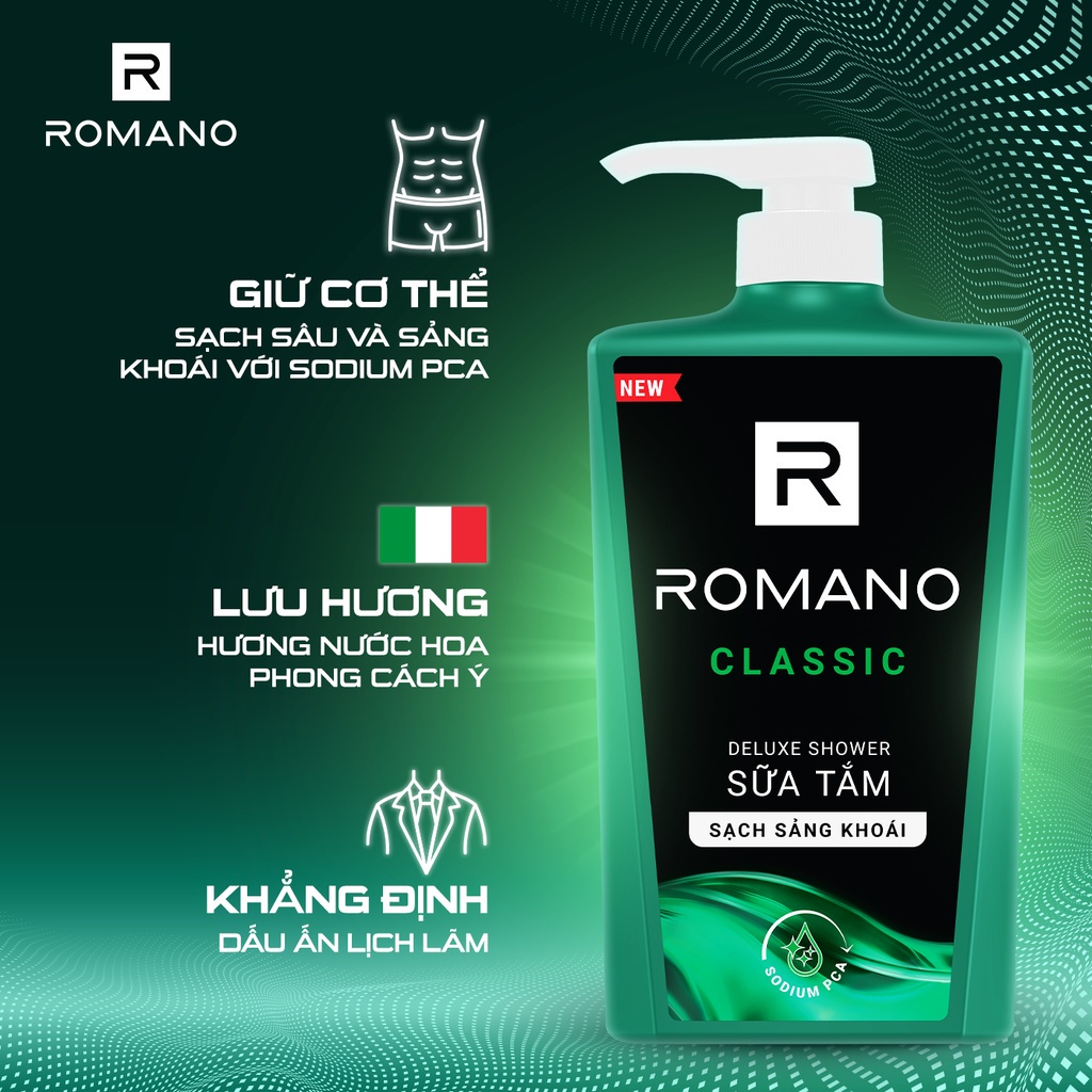 Sữa tắm Romano 650g + Dầu gội sạch gàu Romano 180g