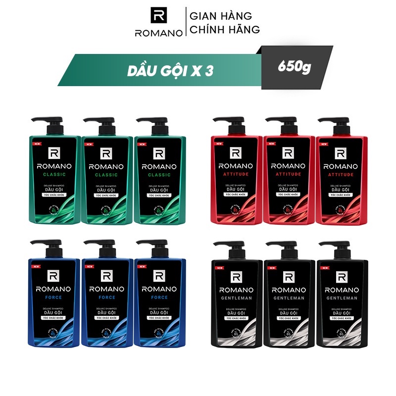 Combo 3 Dầu Gội Nam Romano Hương Nước Hoa Classic/ Force/ Attitude/ Gentleman 650G/Chai - 4 Mùi Hương Có Sẵn