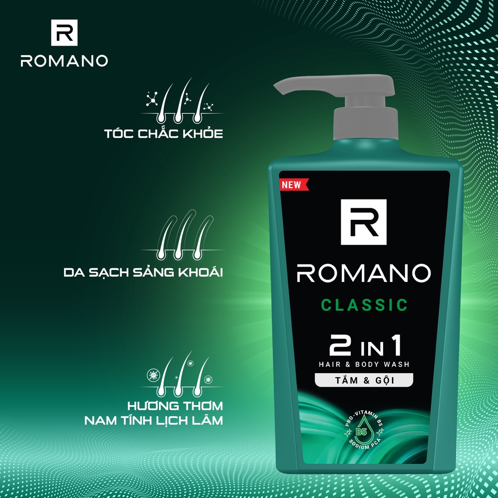 Combo Tắm gội 2 trong 1 Romano 2in1 650g + Dầu gội sạch gàu 180g Romano