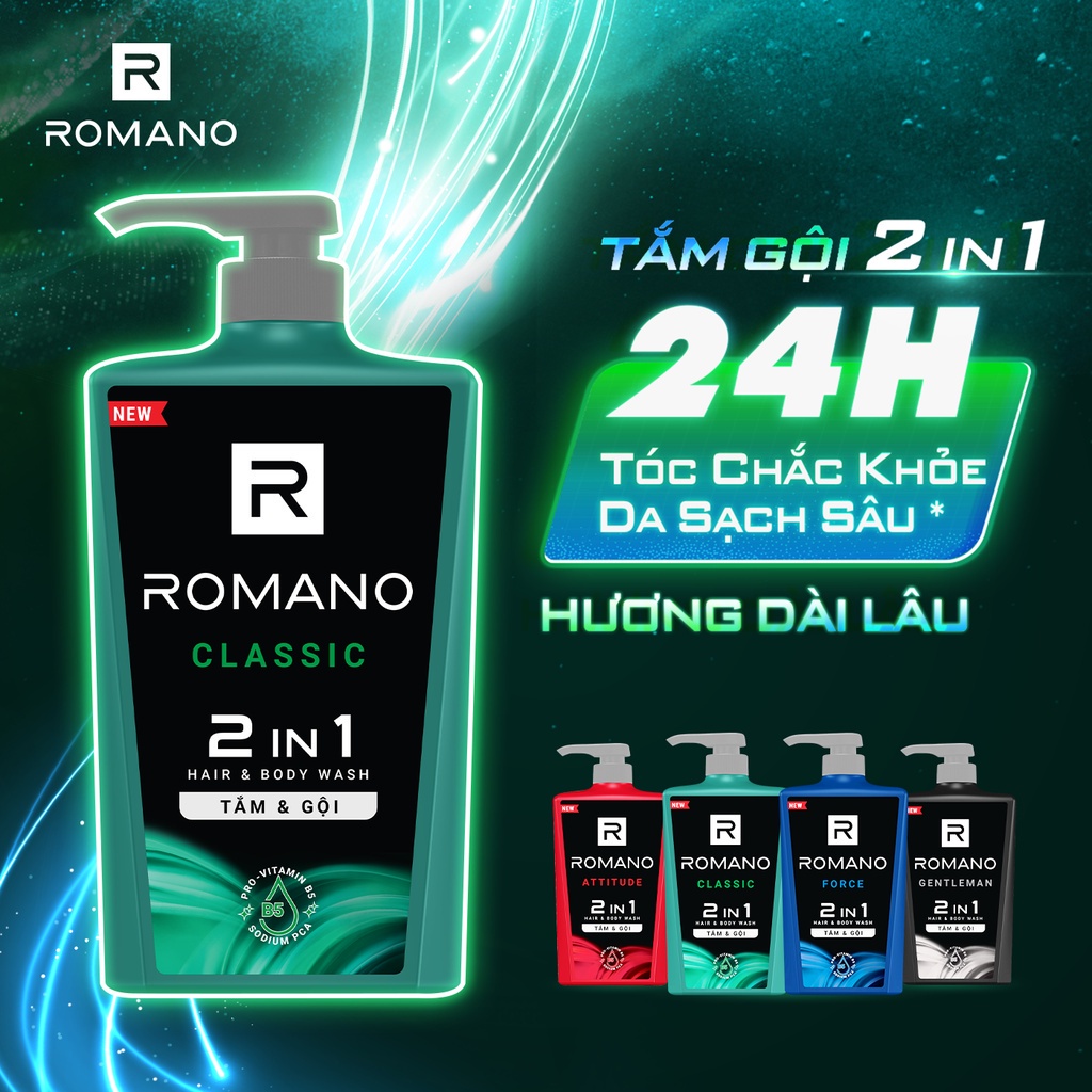 Combo Tắm gội 2 trong 1 Romano 2in1 650g + Dầu gội sạch gàu 180g Romano