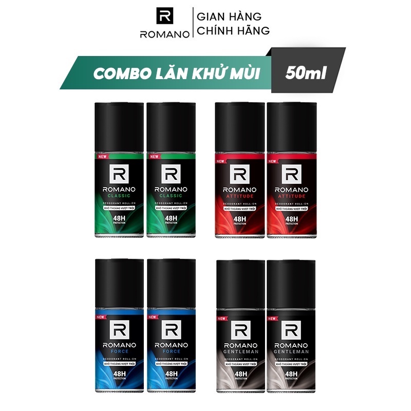 Combo 2 Lăn khử mùi nam kháng khuẩn & khô thoáng cả ngày Romano 50ml/chai - 4 Mùi Hương Có Sẵn