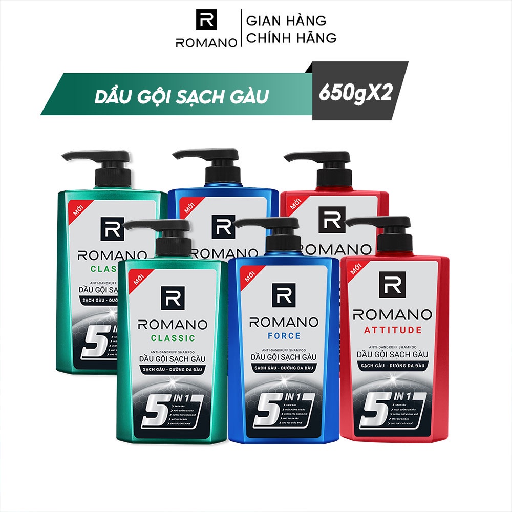 Combo 2 Dầu gội sạch gàu Romano hương nước hoa Classic/ Force/ Attitude 650g/chai - 3 mùi hương có sẵn