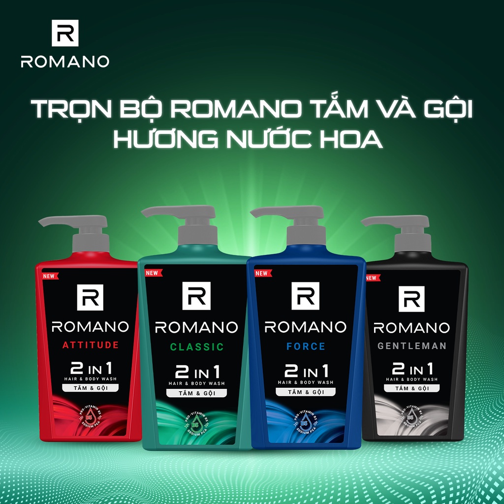 Combo 2 Tắm gội 2 trong 1 Romano Attitude/Gentleman/Force/Classic 2in1 650g/chai - 4 Mùi hương có sẵn