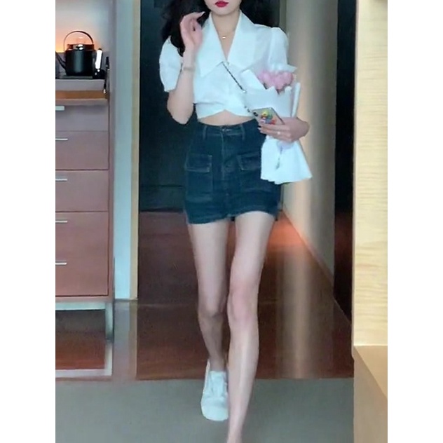 Jiashucheng Chân Váy Denim Chữ A Lót Lớp Lót Chống Chói Phong Cách Hip Hop Hong Kong Cổ Điển Thời Trang Mùa Hè Cho Nữ