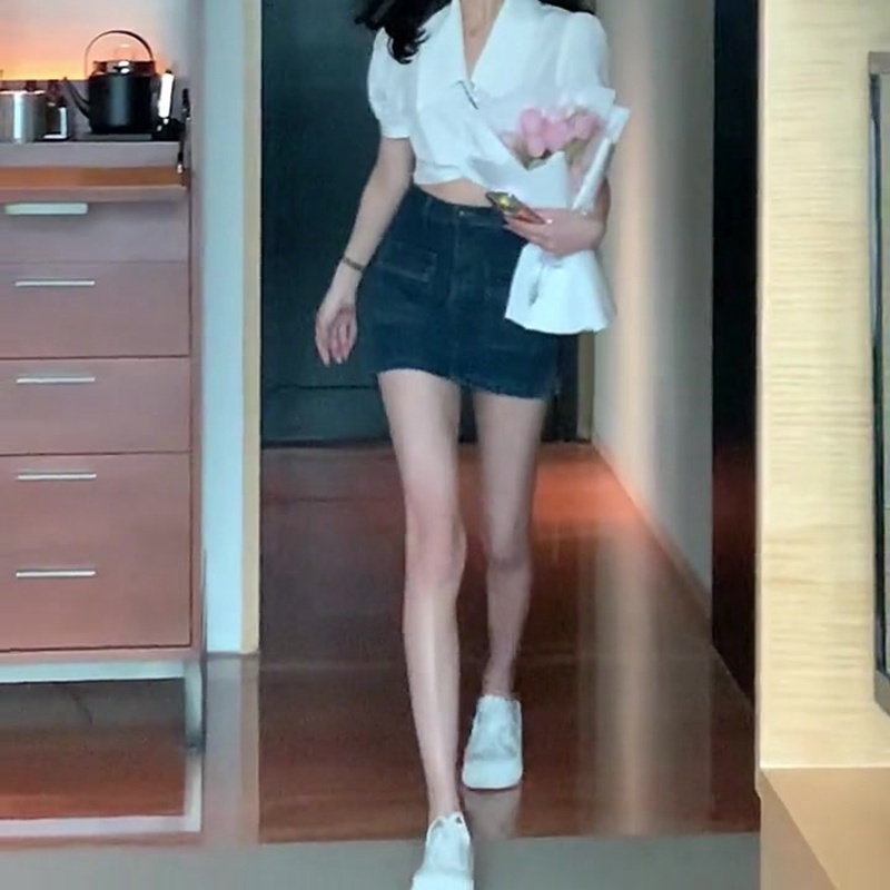 Jiashucheng Chân Váy Denim Chữ A Lót Lớp Lót Chống Chói Phong Cách Hip Hop Hong Kong Cổ Điển Thời Trang Mùa Hè Cho Nữ