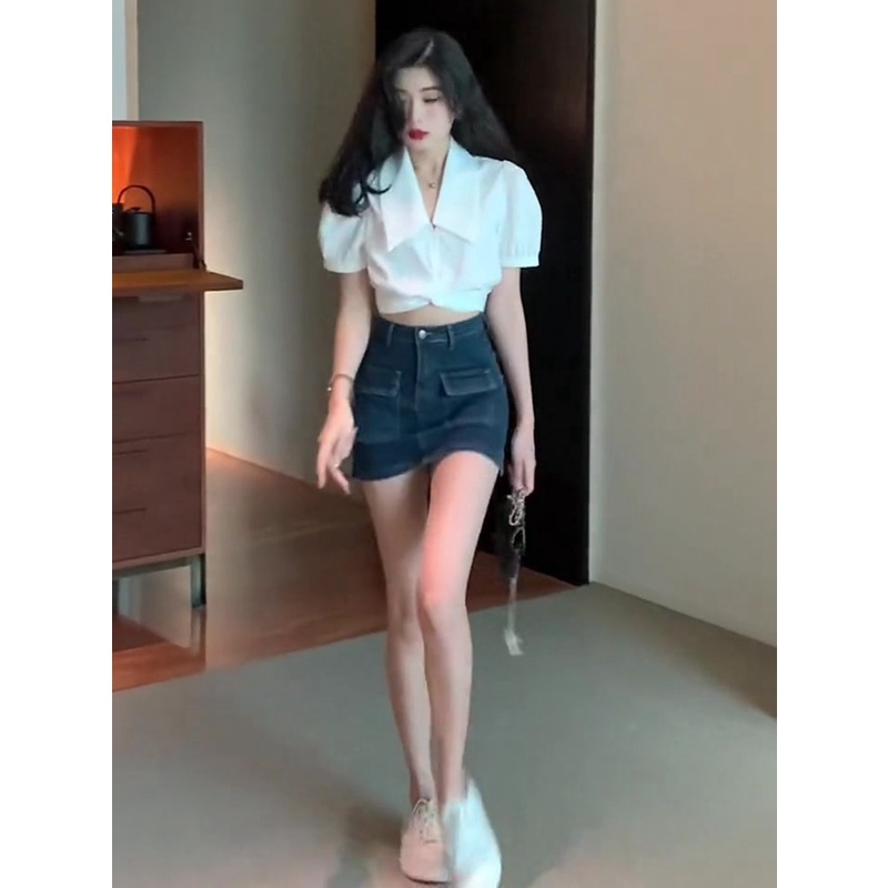 Jiashucheng Chân Váy Denim Chữ A Lót Lớp Lót Chống Chói Phong Cách Hip Hop Hong Kong Cổ Điển Thời Trang Mùa Hè Cho Nữ