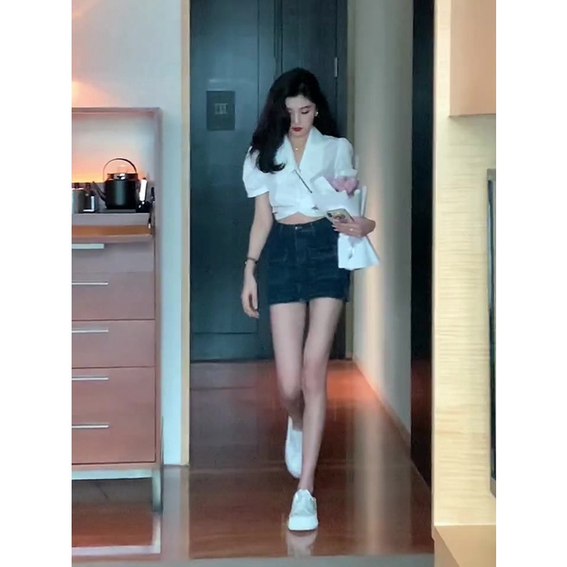 Jiashucheng Chân Váy Denim Chữ A Lót Lớp Lót Chống Chói Phong Cách Hip Hop Hong Kong Cổ Điển Thời Trang Mùa Hè Cho Nữ