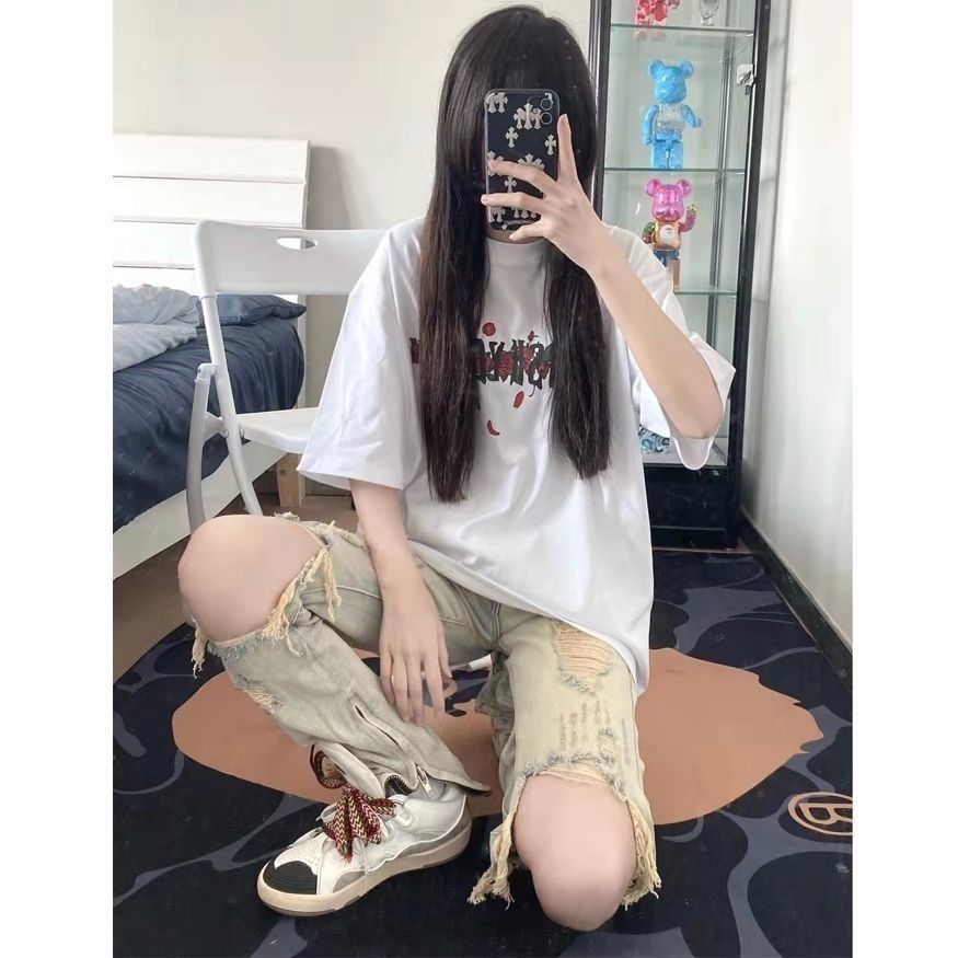 Jiashucheng Quần Jean Rách Dáng Suông Cao Cấp Phong Cách Đường Phố Mỹ Mùa Hè Mới Cho Nữ