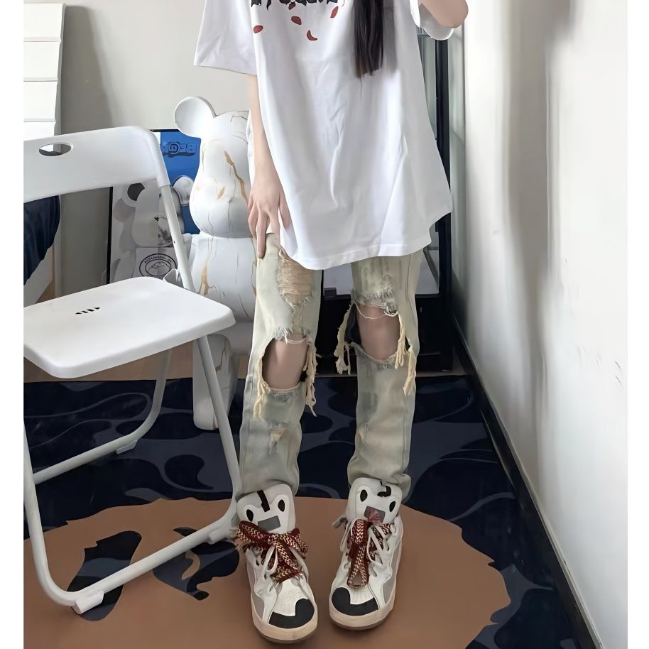 Jiashucheng Quần Jean Rách Dáng Suông Cao Cấp Phong Cách Đường Phố Mỹ Mùa Hè Mới Cho Nữ