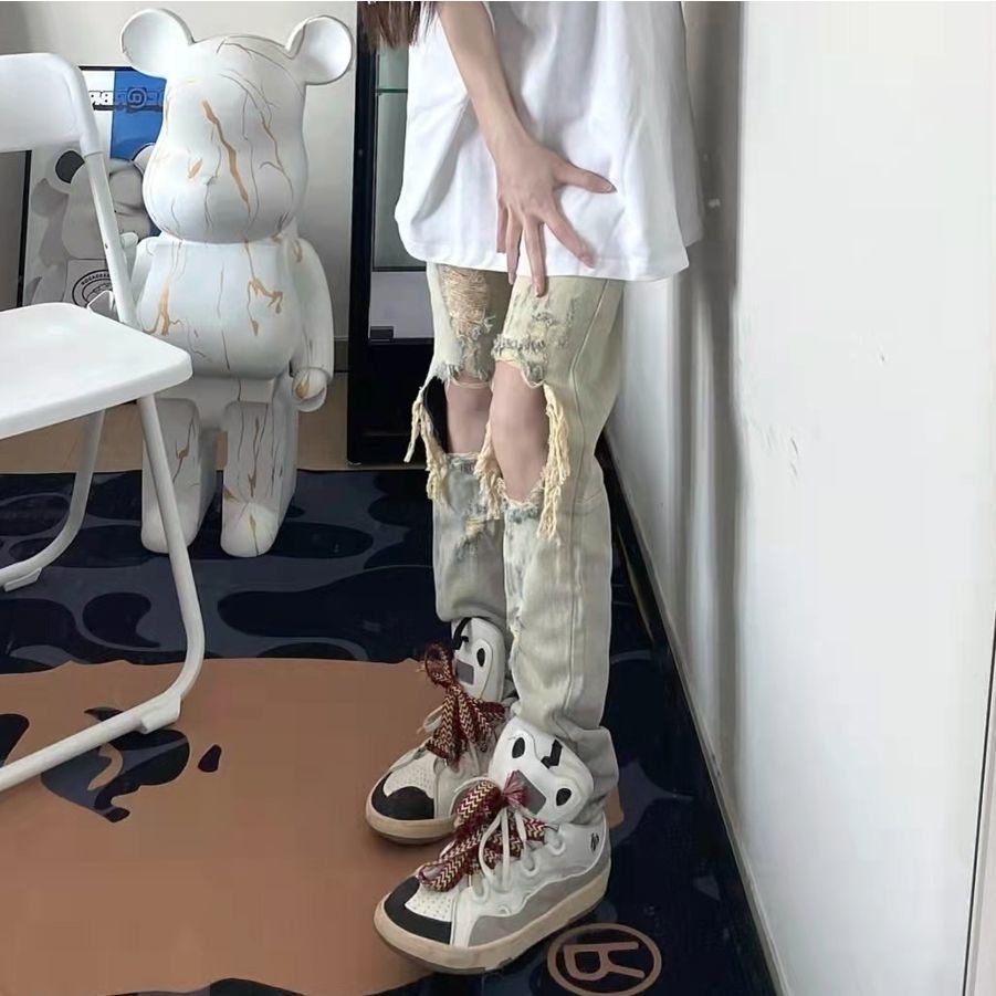 Jiashucheng Quần Jean Rách Dáng Suông Cao Cấp Phong Cách Đường Phố Mỹ Mùa Hè Mới Cho Nữ