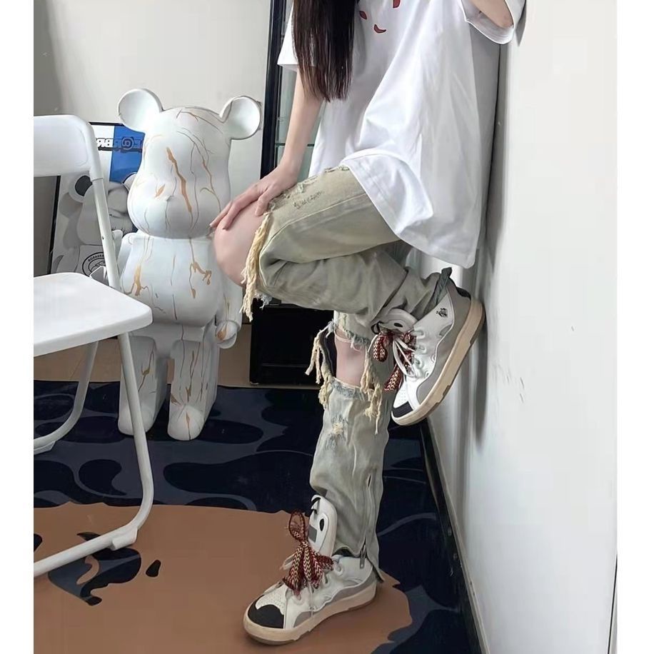 Jiashucheng Quần Jean Rách Dáng Suông Cao Cấp Phong Cách Đường Phố Mỹ Mùa Hè Mới Cho Nữ