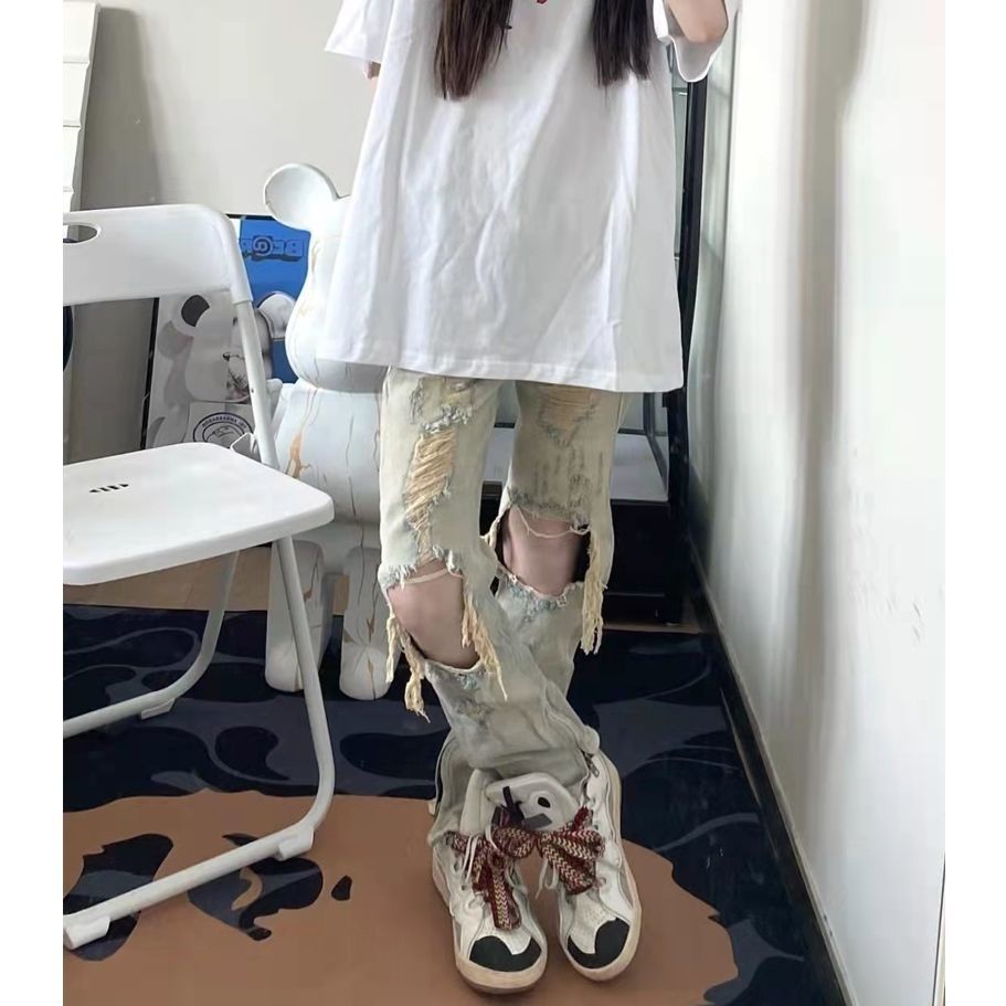 Jiashucheng Quần Jean Rách Dáng Suông Cao Cấp Phong Cách Đường Phố Mỹ Mùa Hè Mới Cho Nữ