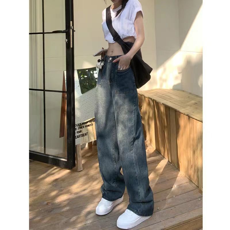 Jiashucheng Quần Jean Nữ Ống Rộng Lưng Cao Phong Cách Retro Mỹ Thời Trang Mùa Hè Hàng Mới