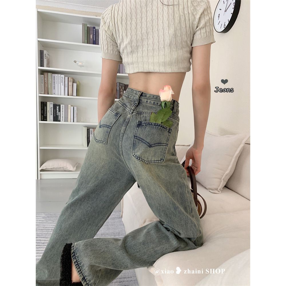 Jiashucheng Quần Jean Nữ Ống Rộng Lưng Cao Phong Cách Retro Mỹ Thời Trang Mùa Hè
