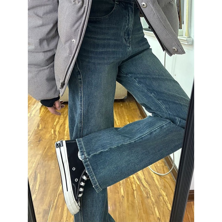 Jiashucheng Quần Jean Dài Lưng Cao Ống Rộng Dáng Suông Dễ Phối Đồ Hình Quả Lê Phong Cách Retro Niche Dễ Phối Đồ Cho Nữ