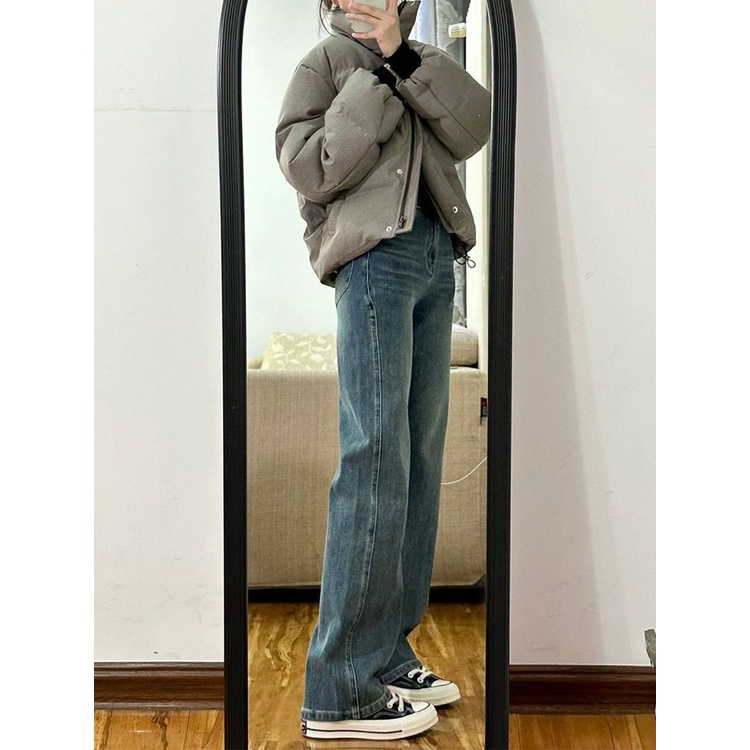 Jiashucheng Quần Jean Dài Lưng Cao Ống Rộng Dáng Suông Dễ Phối Đồ Hình Quả Lê Phong Cách Retro Niche Dễ Phối Đồ Cho Nữ