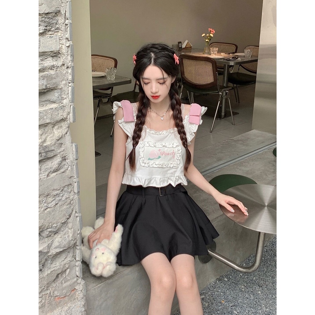 Jiashucheng Áo Thun Sát Nách Dáng Ngắn Phong Cách Nhật Bản Ngọt Ngào Dễ Phối Đồ Thời Trang Mùa Hè Cho Nữ Niche