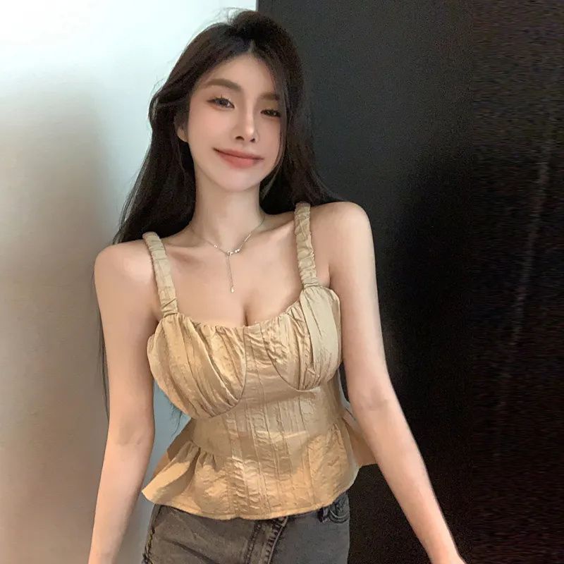 Jiashucheng Áo Hai Dây Dáng Ngắn Hở Vai Phong Cách Pháp Thời Trang Mùa Hè Quyến Rũ Dành Cho Nữ