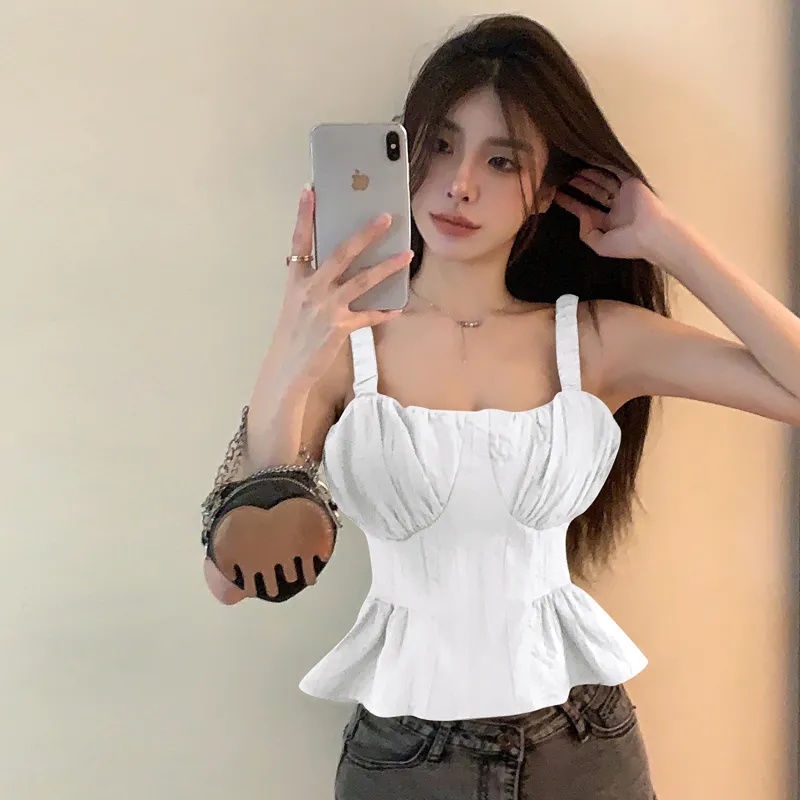 Jiashucheng Áo Hai Dây Dáng Ngắn Hở Vai Phong Cách Pháp Thời Trang Mùa Hè Quyến Rũ Dành Cho Nữ