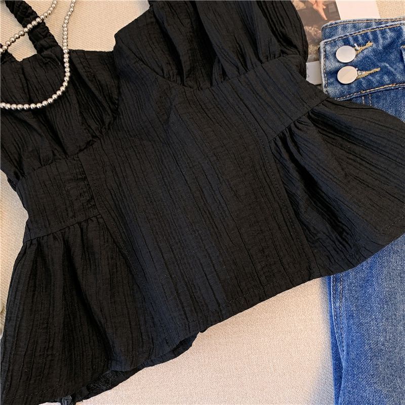 Jiashucheng Áo Hai Dây Dáng Ngắn Hở Vai Phong Cách Pháp Thời Trang Mùa Hè Quyến Rũ Dành Cho Nữ