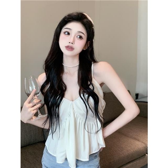Jiashucheng Áo Hai Dây Phối Bèo Phong Cách Pháp Thời Trang Mùa Hè Quyến Rũ Cho Nữ
