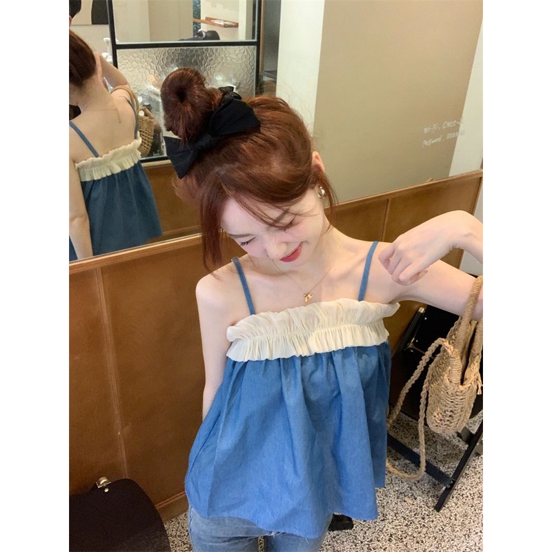 Jiashucheng Áo Denim Ngắn Không Tay Phong Cách Retro Thời Trang Cho Nữ