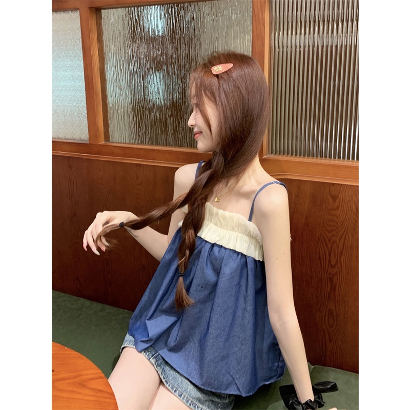 Jiashucheng Áo Denim Ngắn Không Tay Phong Cách Retro Thời Trang Cho Nữ