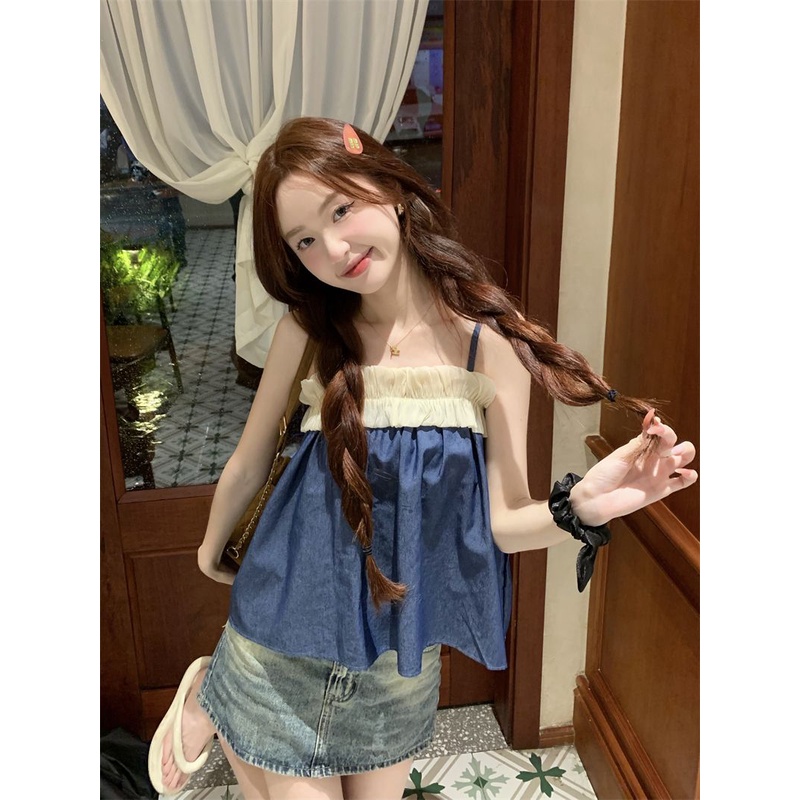 Jiashucheng Áo Denim Ngắn Không Tay Phong Cách Retro Thời Trang Cho Nữ