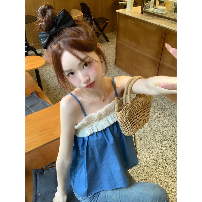 Jiashucheng Áo Denim Ngắn Không Tay Phong Cách Retro Thời Trang Cho Nữ