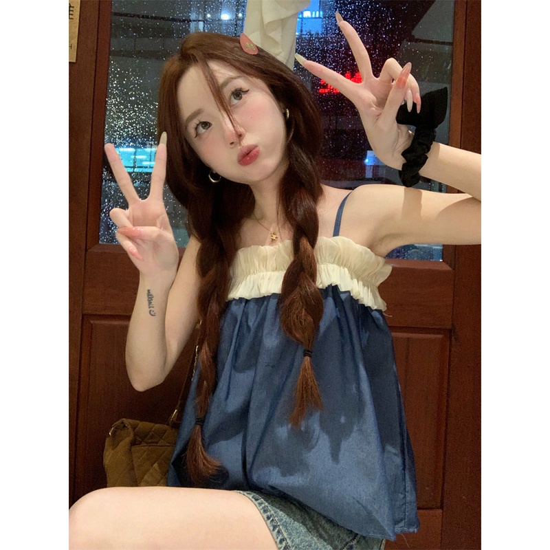 Jiashucheng Áo Denim Ngắn Không Tay Phong Cách Retro Thời Trang Cho Nữ