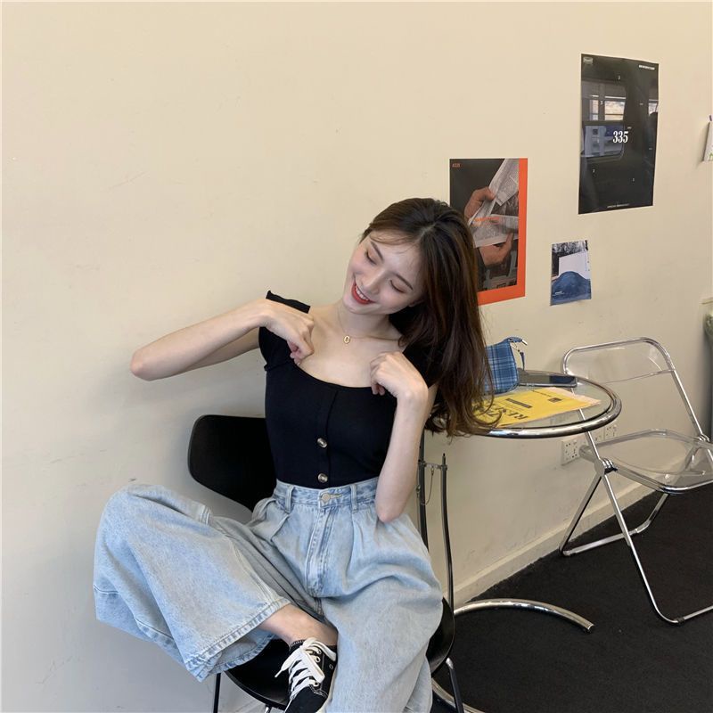 Jiashucheng Áo Dệt Kim Sát Nách Cổ Vuông Phối Bèo Màu Đen Thời Trang Mùa Hè Cho Nữ