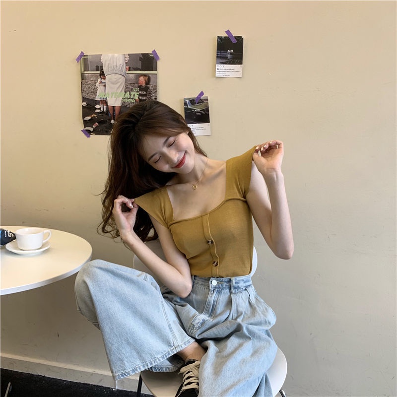 Jiashucheng Áo Dệt Kim Sát Nách Cổ Vuông Phối Bèo Màu Đen Thời Trang Mùa Hè Cho Nữ