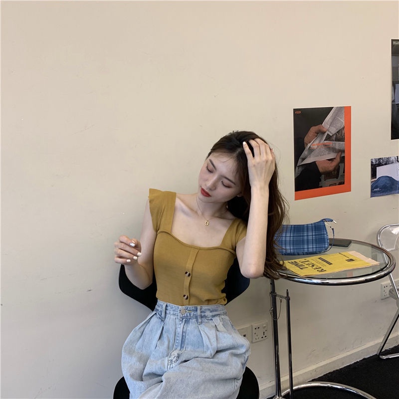 Jiashucheng Áo Dệt Kim Sát Nách Cổ Vuông Phối Bèo Màu Đen Thời Trang Mùa Hè Cho Nữ