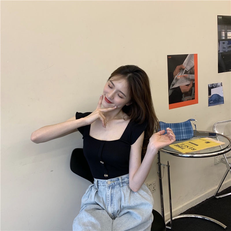 Jiashucheng Áo Dệt Kim Sát Nách Cổ Vuông Phối Bèo Màu Đen Thời Trang Mùa Hè Cho Nữ