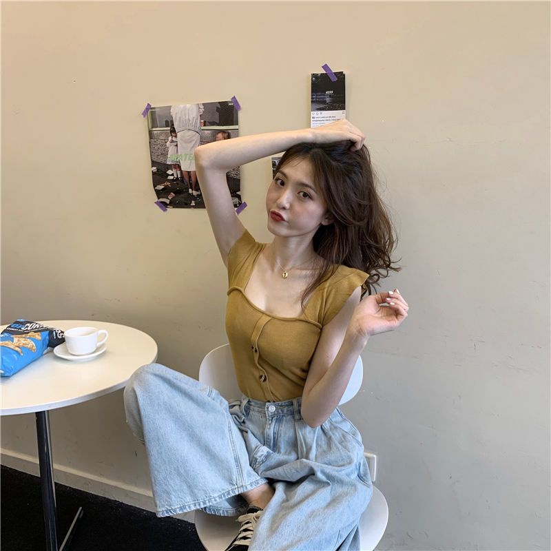 Jiashucheng Áo Dệt Kim Sát Nách Cổ Vuông Phối Bèo Màu Đen Thời Trang Mùa Hè Cho Nữ