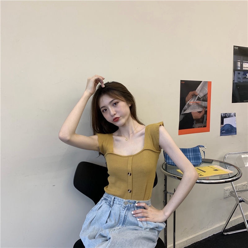 Jiashucheng Áo Dệt Kim Sát Nách Cổ Vuông Phối Bèo Màu Đen Thời Trang Mùa Hè Cho Nữ