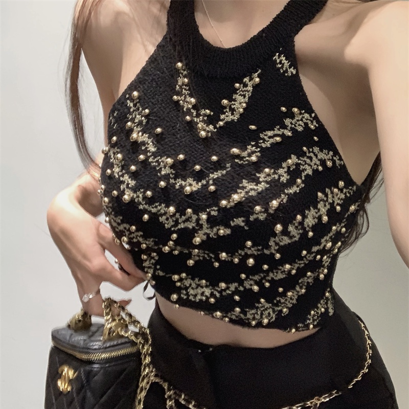 Jiashucheng Áo Hai Dây Dệt Kim Dáng Ngắn Màu Đen Thời Trang Mùa Hè Cho Nữ