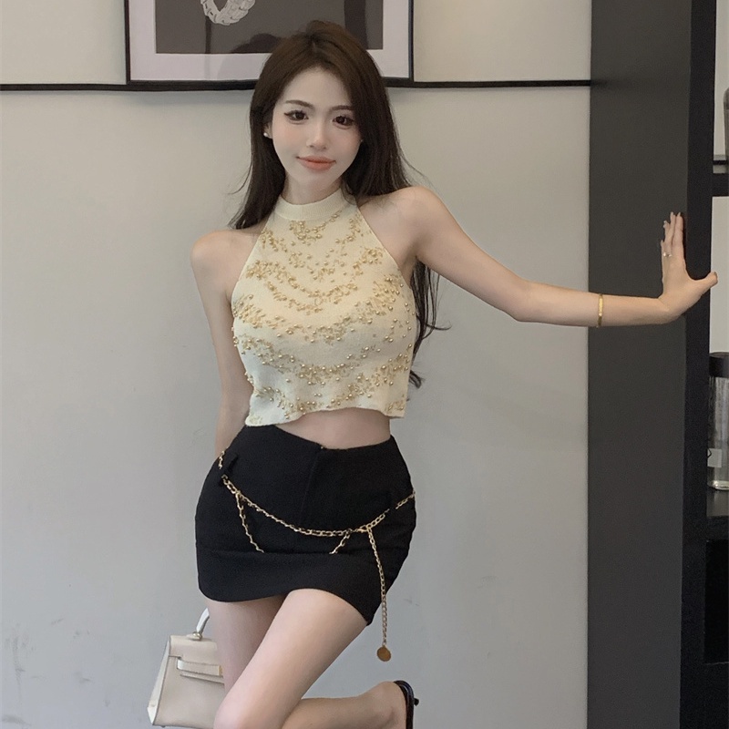 Jiashucheng Áo Hai Dây Dệt Kim Dáng Ngắn Màu Đen Thời Trang Mùa Hè Cho Nữ