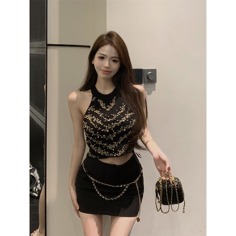 Jiashucheng Áo Hai Dây Dệt Kim Dáng Ngắn Màu Đen Thời Trang Mùa Hè Cho Nữ