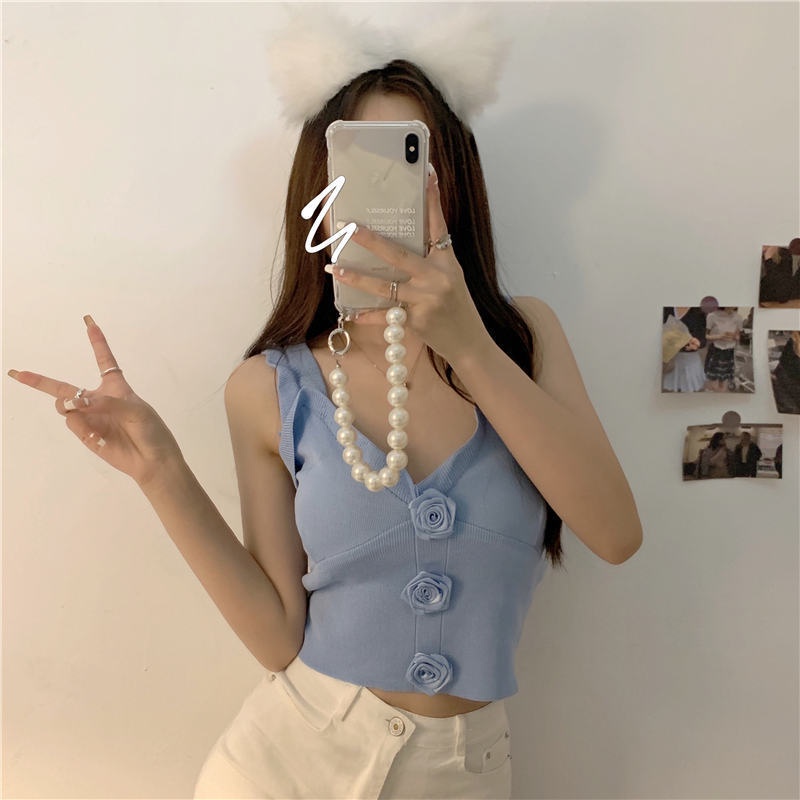 Jiashucheng Áo Hai Dây Cổ Tròn Ôm Dáng Eo Cao Đính Hàng Nút Đơn Trước Ngực Thời Trang Mùa Hè Cho Nữ