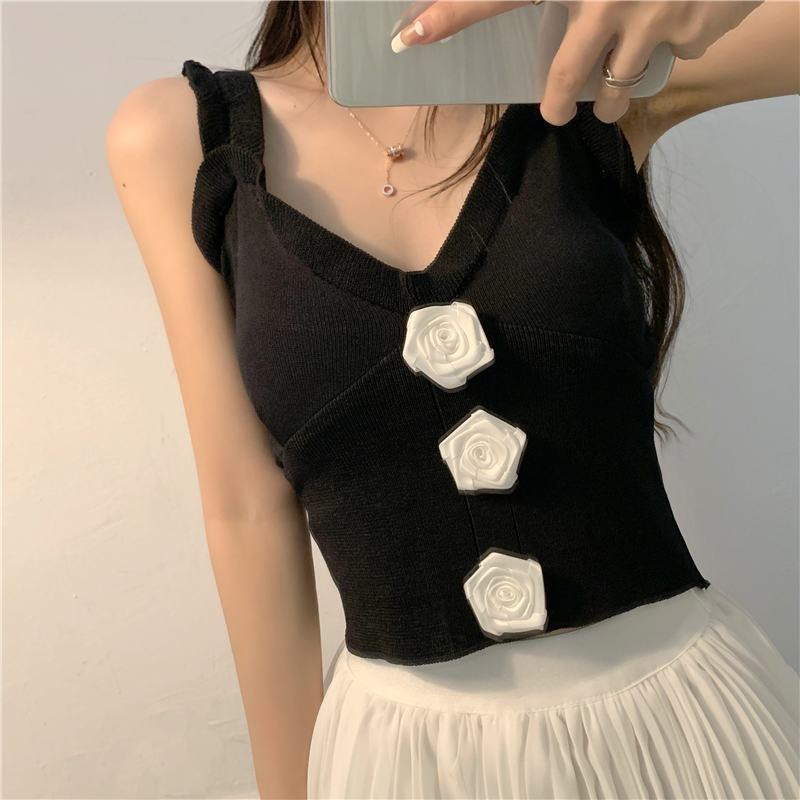 Jiashucheng Áo Hai Dây Cổ Tròn Ôm Dáng Eo Cao Đính Hàng Nút Đơn Trước Ngực Thời Trang Mùa Hè Cho Nữ