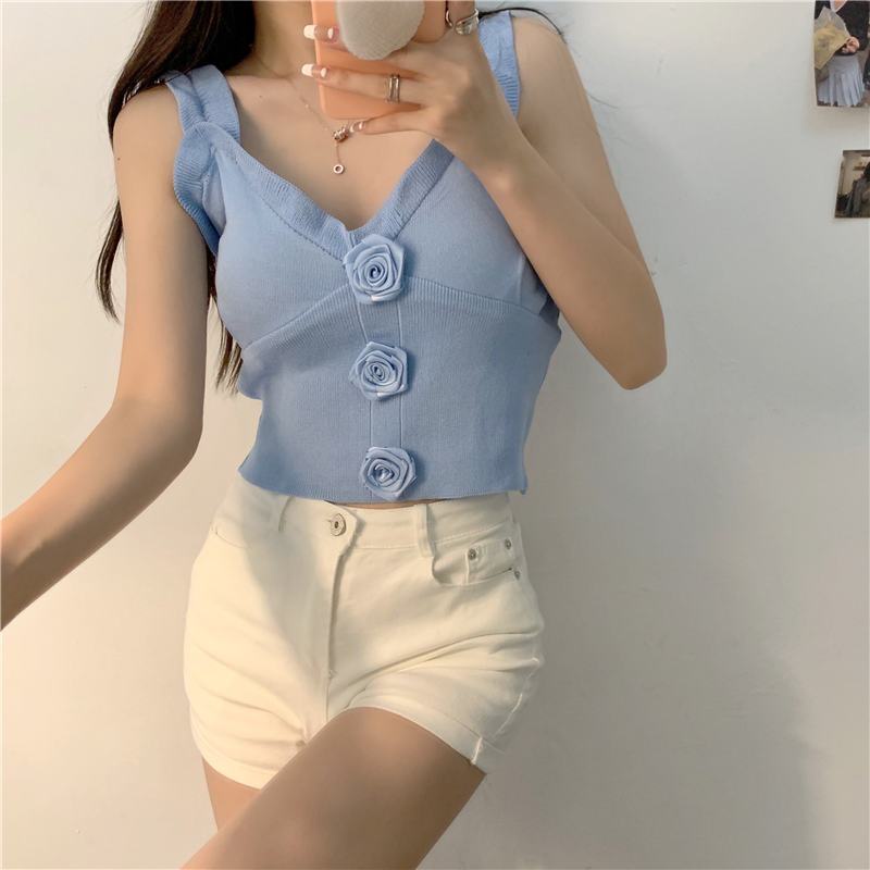 Jiashucheng Áo Hai Dây Cổ Tròn Ôm Dáng Eo Cao Đính Hàng Nút Đơn Trước Ngực Thời Trang Mùa Hè Cho Nữ